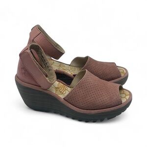 FLY London Yake Rose Perforated Genuine Leather Wedge Sandals 37